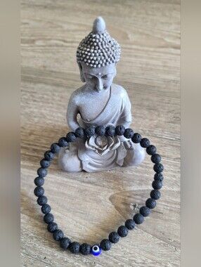 Black Lava Bead Anklet with Blue Evil Eye Accent Bead
